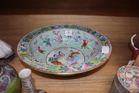 A 19th century Chinese famille rose basin, two jars and covers and a vase diameter 38cm